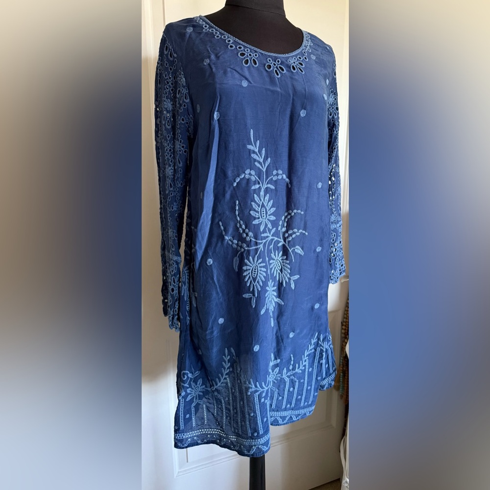 Johnny Was Blue Embroidered Tunic Dress with Slip – Size XS